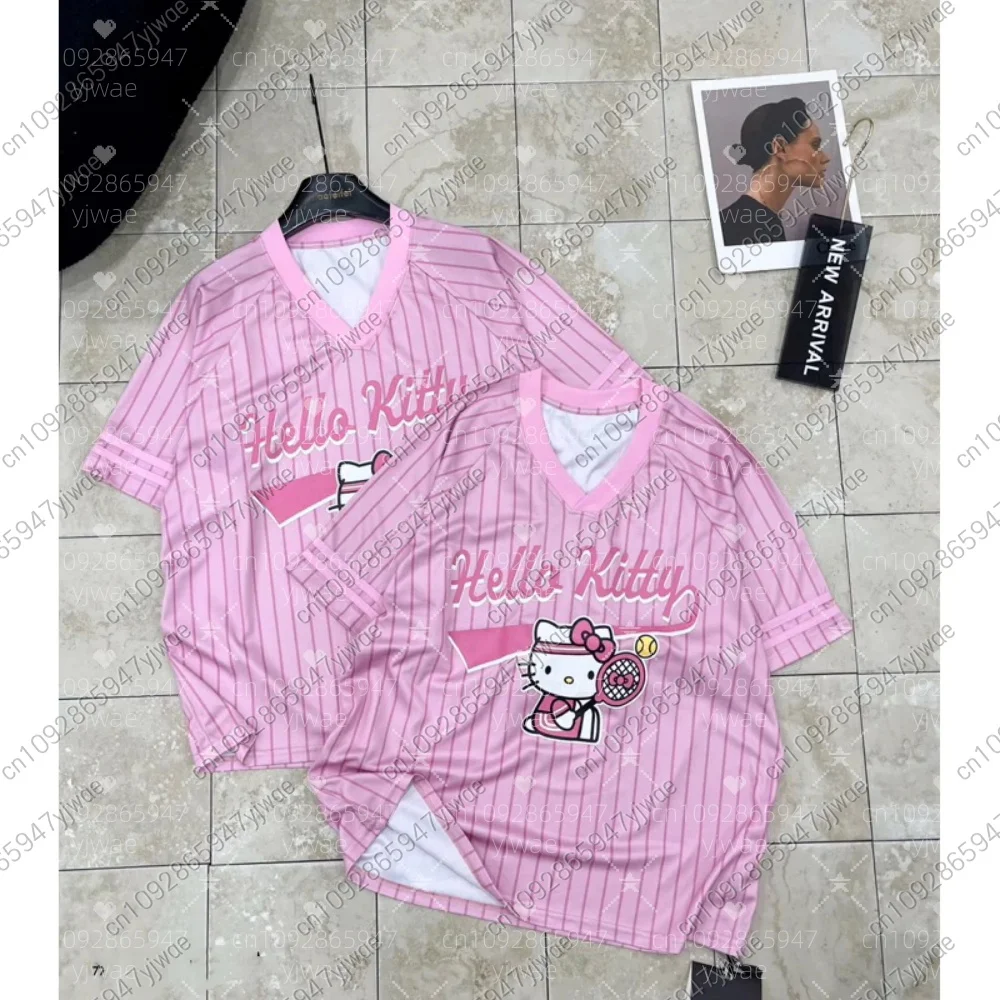 

2025 Women HELLO KITTY STRIPE Print V-Neck Short Sleeve T-Shirt Summer adult Baseball Jerseys Stripe Oversized Sport T-Shirt