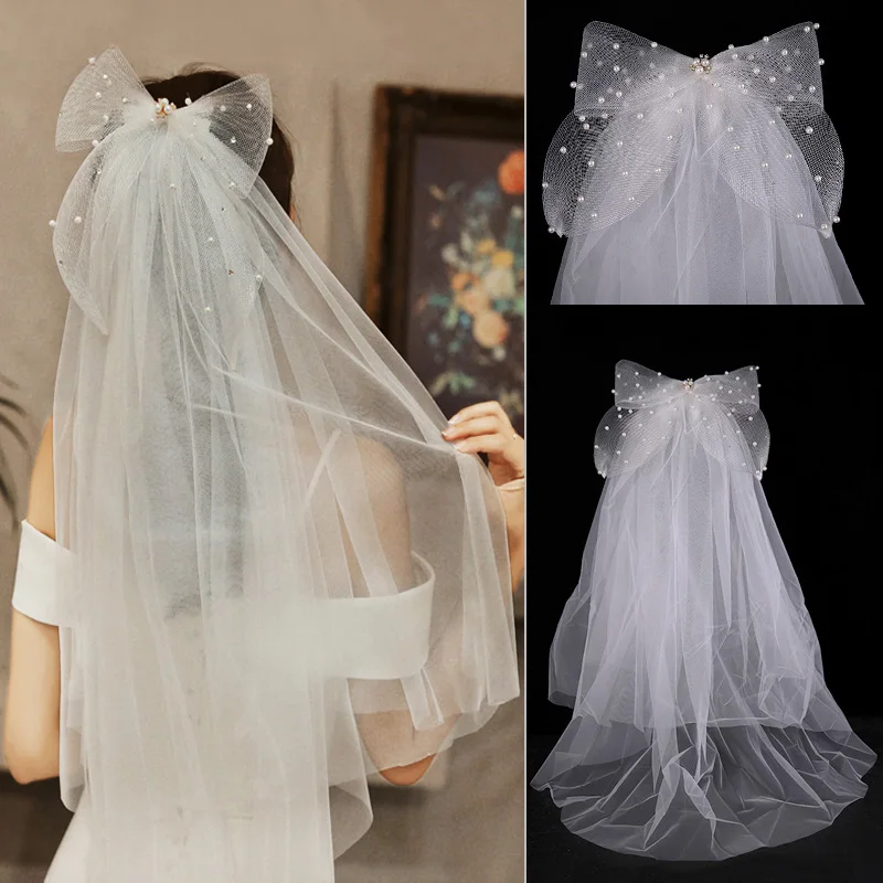 Ivory Tulle Bridal Veil with Bow Short Wedding veils White Mesh Headpiece Bride Short Veil Back Head Decor Hair Accessories