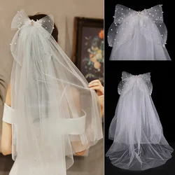 Ivory Tulle Bridal Veil with Bow Short Wedding veils White Mesh Headpiece Bride Short Veil Back Head Decor Hair Accessories