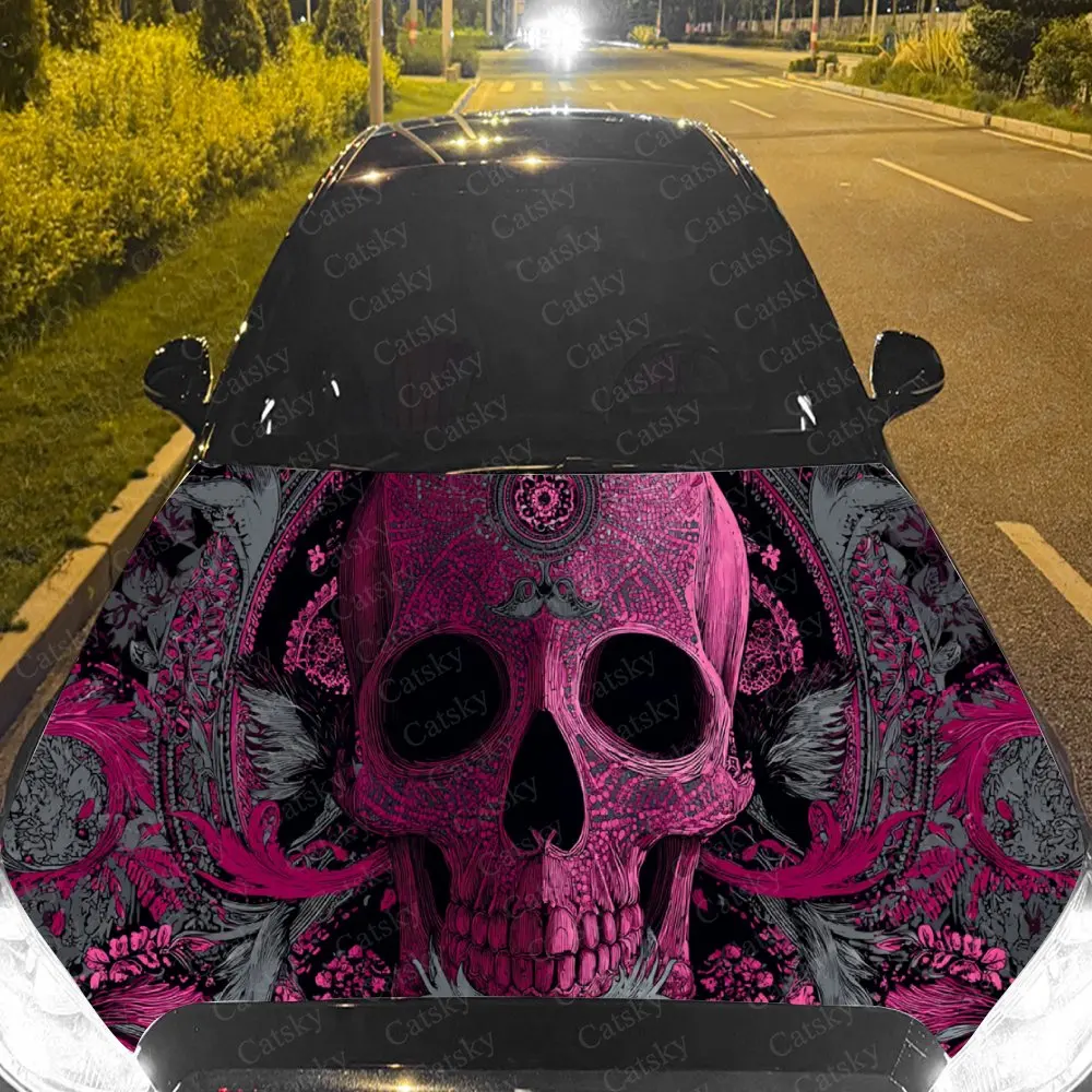 

Car Decal Skull with Pink Ornamental Artistic Fusion in Intricate Gothic Design, Creating a Bold and Opulent Visual Car Hood Sti