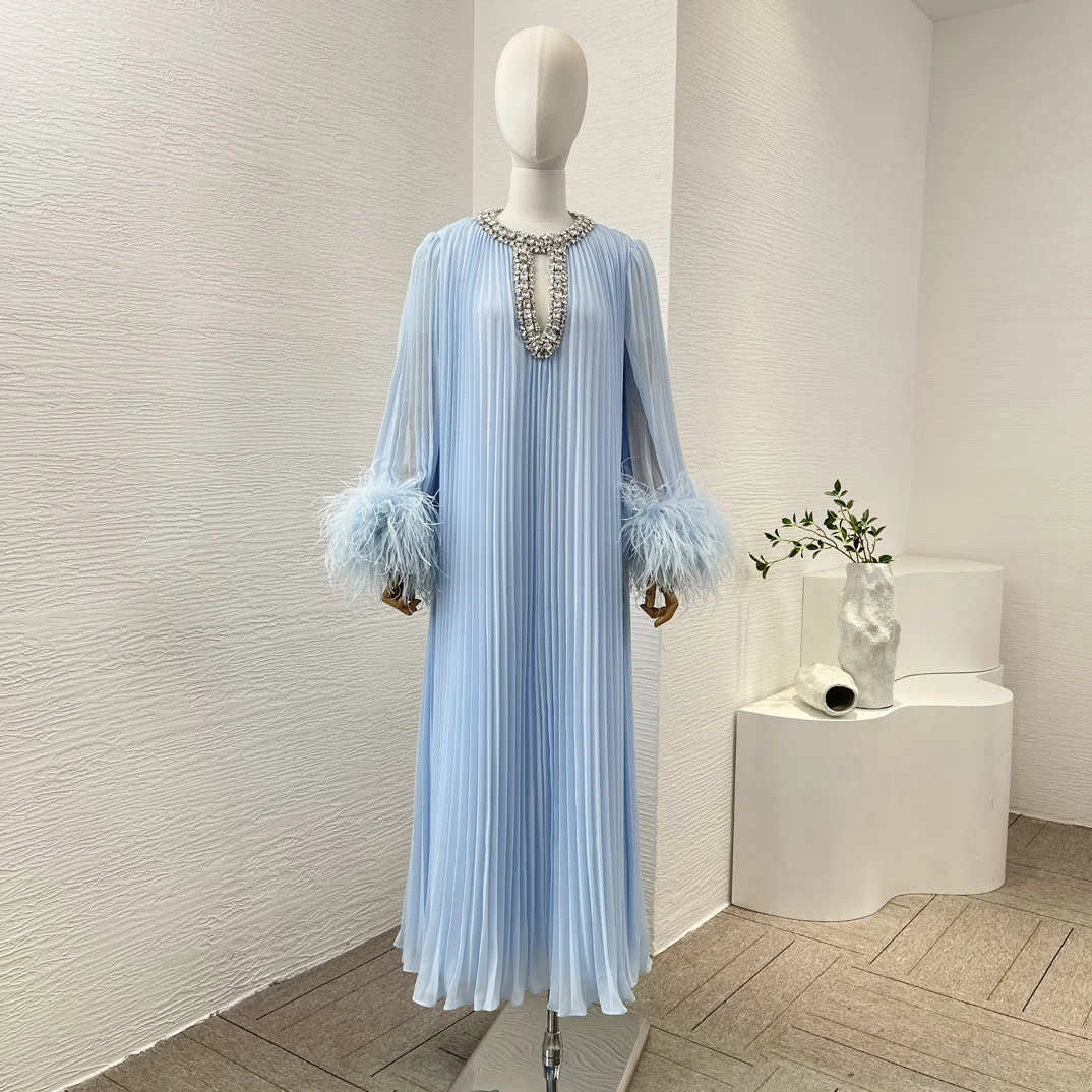 

2024 New Collection Women Blue Ruched Pleat Feather Diamonds Top Quality Luxury Dress