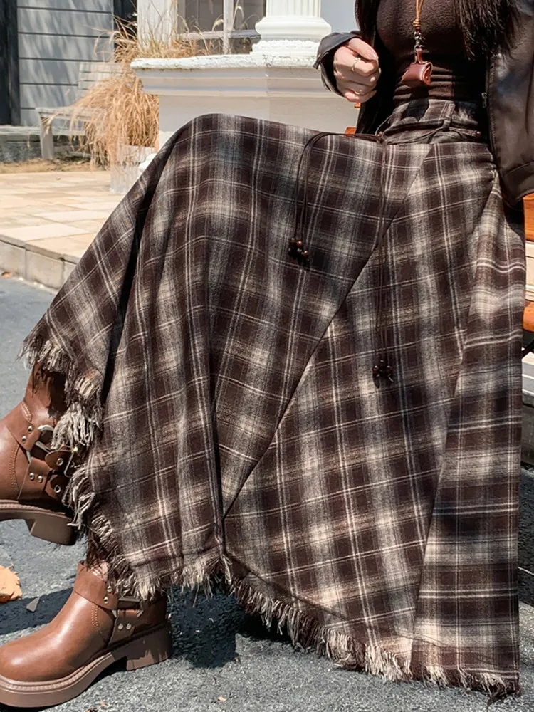 

Ретро-юбка А-силуэта в клетку с высокой талией, стройнящая фигуру, с бахромой, весна-осень, новая, в корейском стиле, приталенная