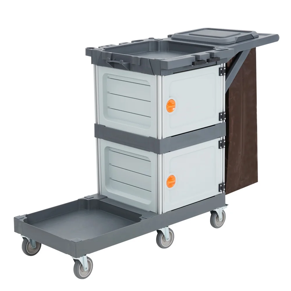 Janitorial Cart with Cabinet 3-ply Multi-Purpose Engineered Plastic Housekeeping Cart with 30 Gallon Bag Hand Push Utility Cart