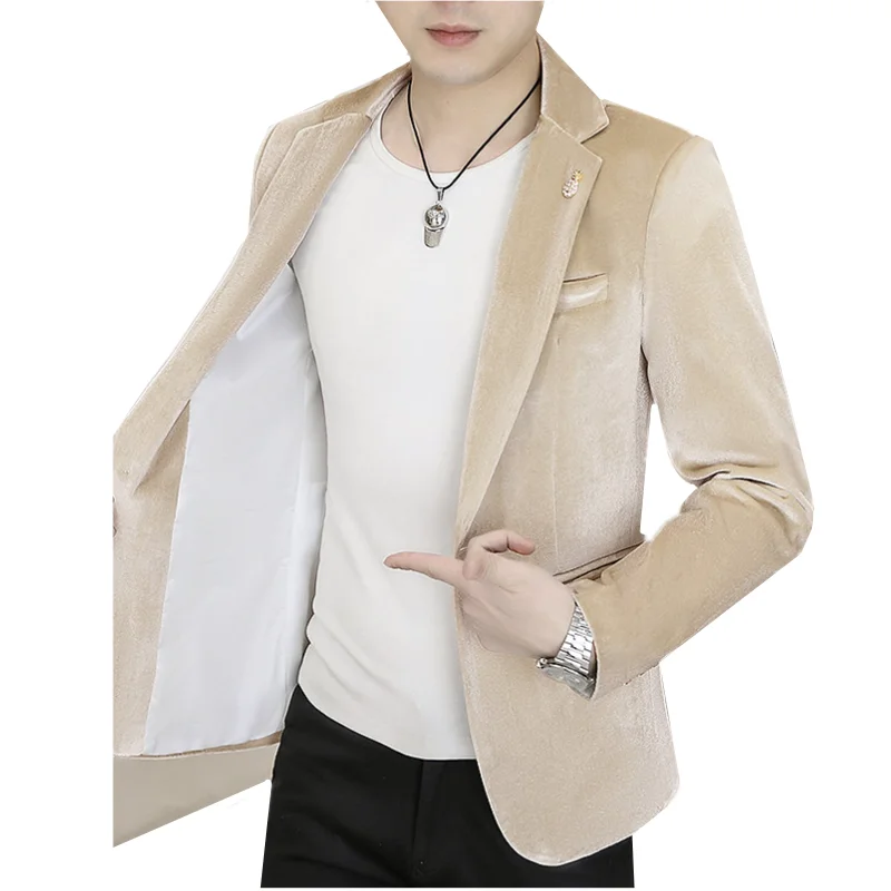 New Men's Business Casual Gold Velvet Suit Solid Color Slim Fit Single Button Luxury Casual Blazers Suitable for Wedding Party