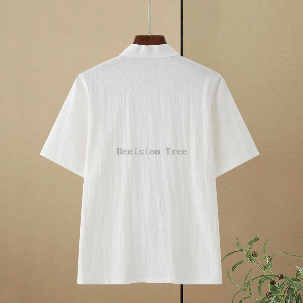 2025 new chinese style cotton linen short sleeved shirt stand collar disc buckle vintage men's shirt simple breathable wushu top