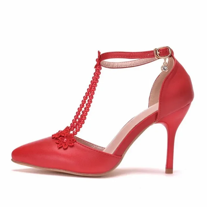 Summer Women Sandals Party Pointed Toe String Bead Buckle Strap PU 9CM Thin Heels Flower Dress Sandals Shoes For Women Red