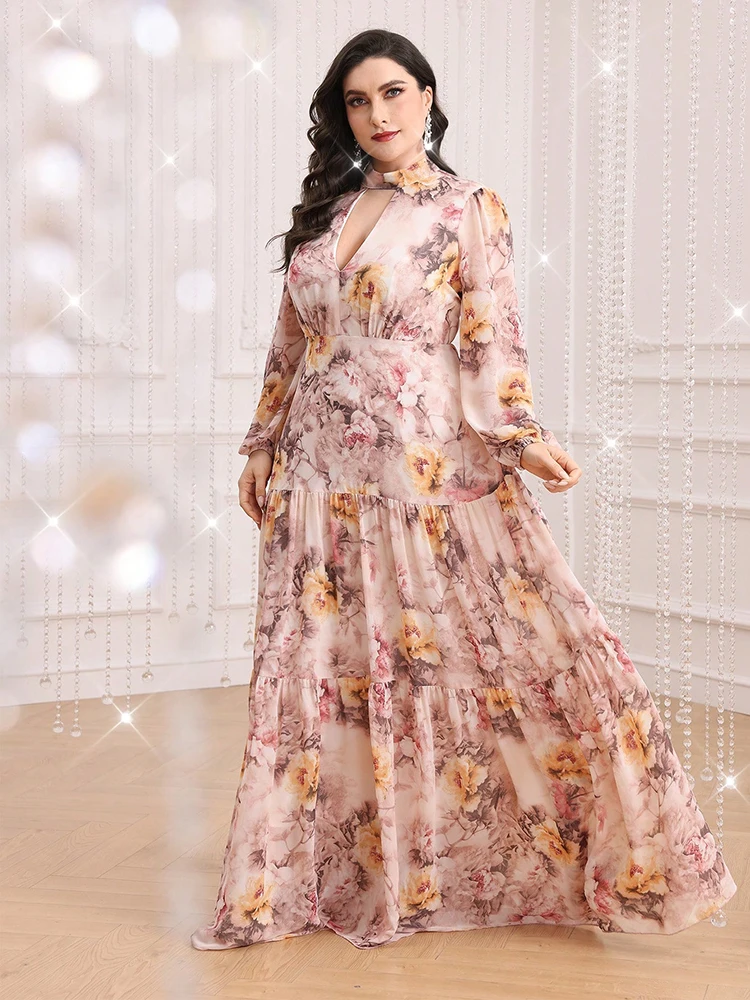 TOLEEN 2024 New in Spring Summer Casual Elegant Party Maxi Dresses Plus Size Women's Floral Print Keyhole Neck Long Sleeve Dress