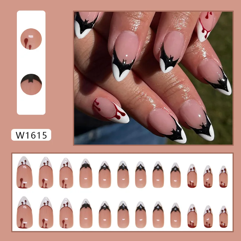 24pcs Halloween Bat Short Almond Removable Press on Nails Girls Cheap Acyrlic False Nails with Glue French Tip Black White Red