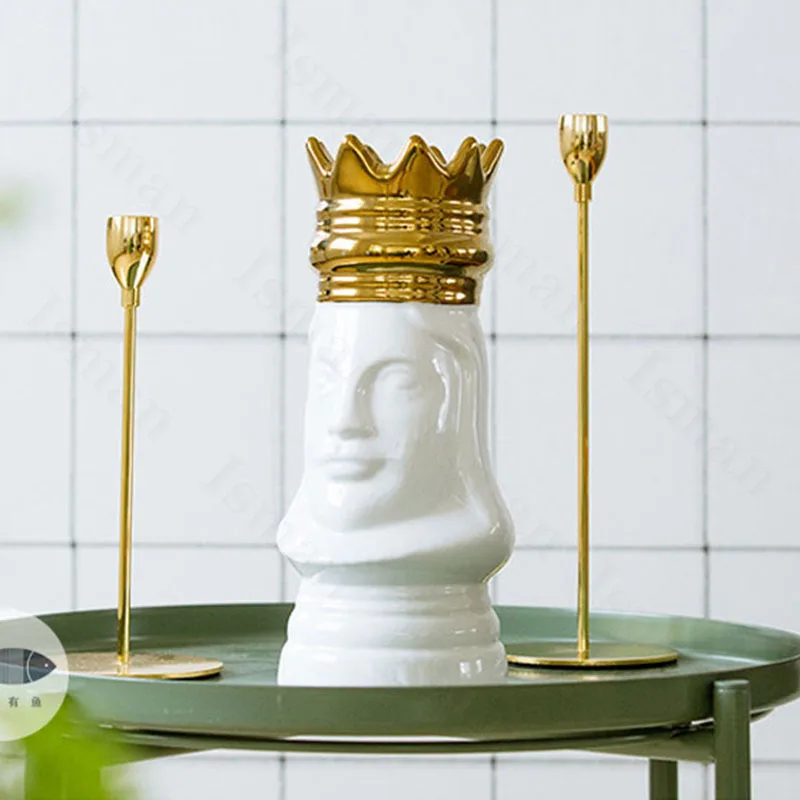 

Creative King and Queen Ceramic Vase Accessories European Golden Crown Human Face Dried Flower Vase Modern Home Decoration