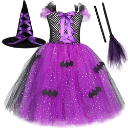 Sparkly Witch Halloween Costumes for Girls Glittery Purple Black Bat Long Tutu Dress for Kids Carnival Outfits with Broom Hat