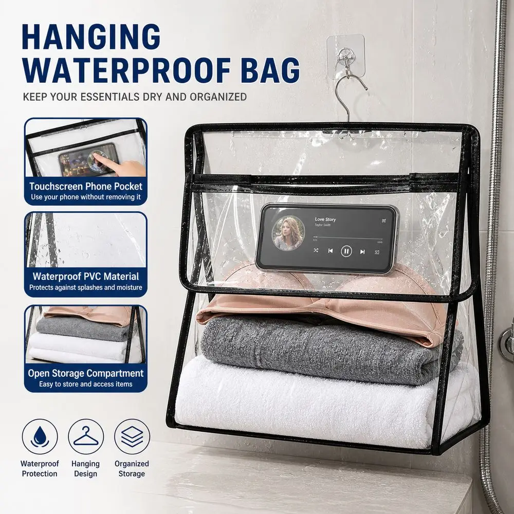 Waterproof Hanging Clothes Bag Transparent Large Capacity Garment Bag Touchscreen Phone Pocket Bathroom Storage Bag