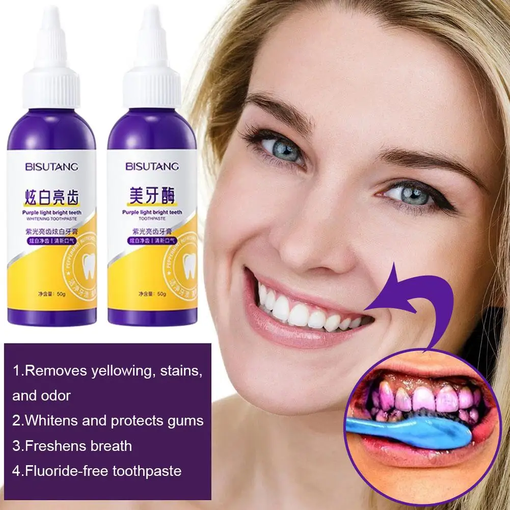 50 جرام معجون أسنان لتبييض الأسنان باللون الأرجواني خالي من الفلورايد يزيل الصلبة السيئة والعناية بالصيغة أداة الفم التنفس St B0Z0