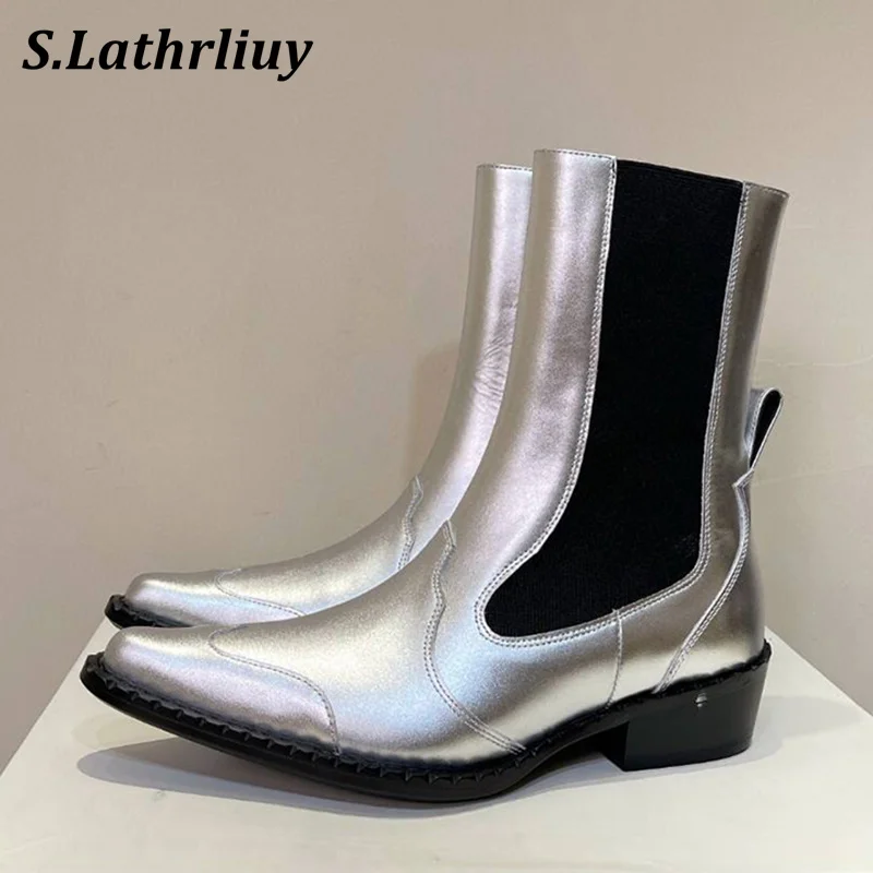 

Autumn Winter Pointed Toe Chunky Heels Chelsea Botas Women's Real Leather Mid Heels Ankle Boots Elastic Band Fashion Short Botas