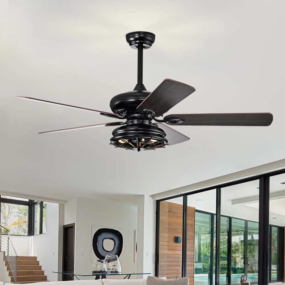 52'' Farmhouse Ceiling Fan   Dual Finish Blades  Industrial Fandelier for Living Room Bedroom Patio --Matte Black