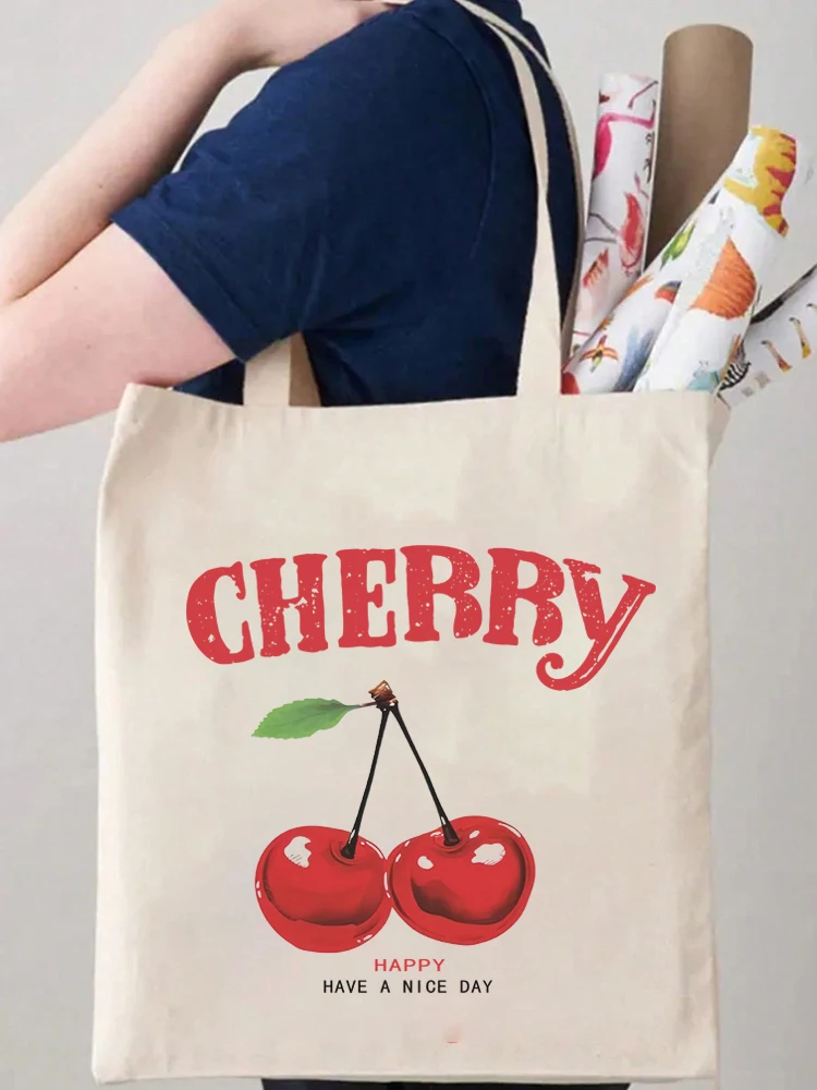 1pc Cherry Patterned Handbag Aesthetic Tote Bags Canvas Bag Fruit Cute Shopping Bags Canvas Shoulder Bag Women Students Eco Shop