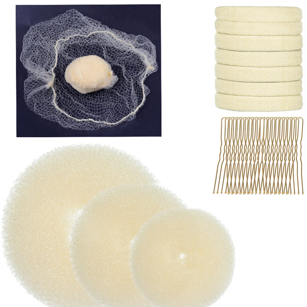 

Hair Bun Maker Kit, Donut Bun Maker 3 Pieces，20 pieces hair nets, 7 Pieces Elastic Hair Ties, 20 Pieces Hair Bobby Pins