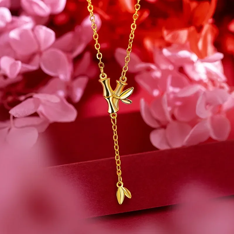 9999 Real Gold 24K Japanese and Korean niche fashion bamboo joint tassel necklace joint high collarbone set chain