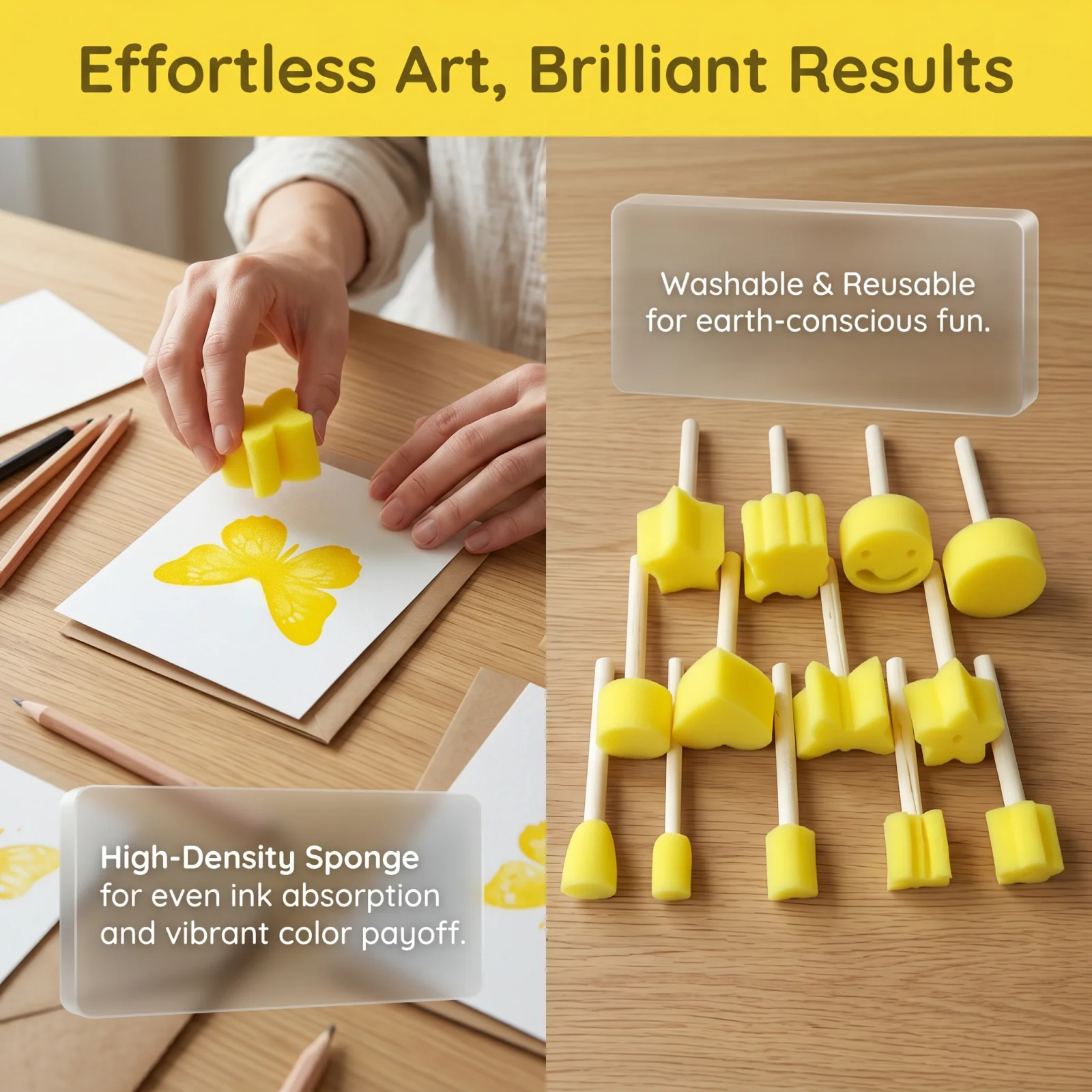 11Pcs 4‑Color Sponge Stamps with Wooden Handles, Assorted Shapes Washable DIY Art Supplies for Card Making & Wall Craft