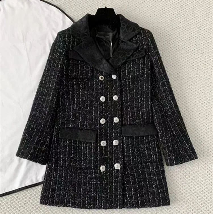 Customization European women's fashion 2026 spring new collection Long-sleeved double-breasted fashion tweed coat