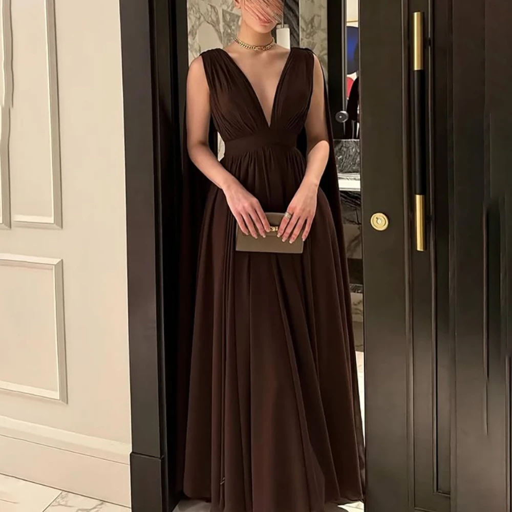 

Brown Evening Dress Customized V-Neck A Line Evening Gown for Woman 2025 Sleeveless Floor Length Elegant Wedding Party Gown