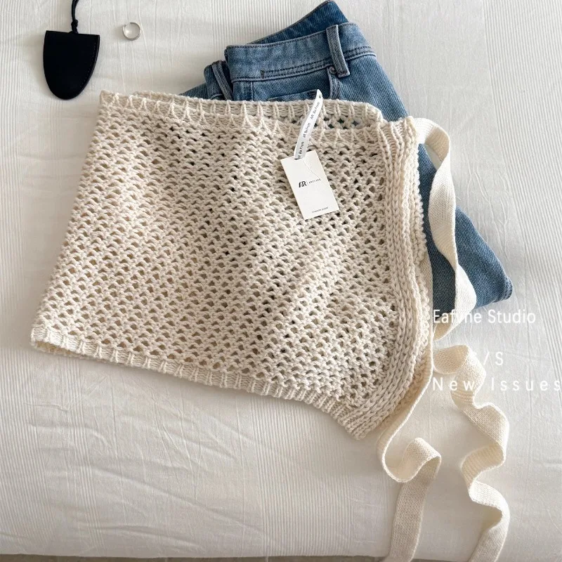 Women Hollow Knit Tie‑Up Layering Skirt Panel, Hip‑covering Slim‑fit Fashion Half Skirt Apron