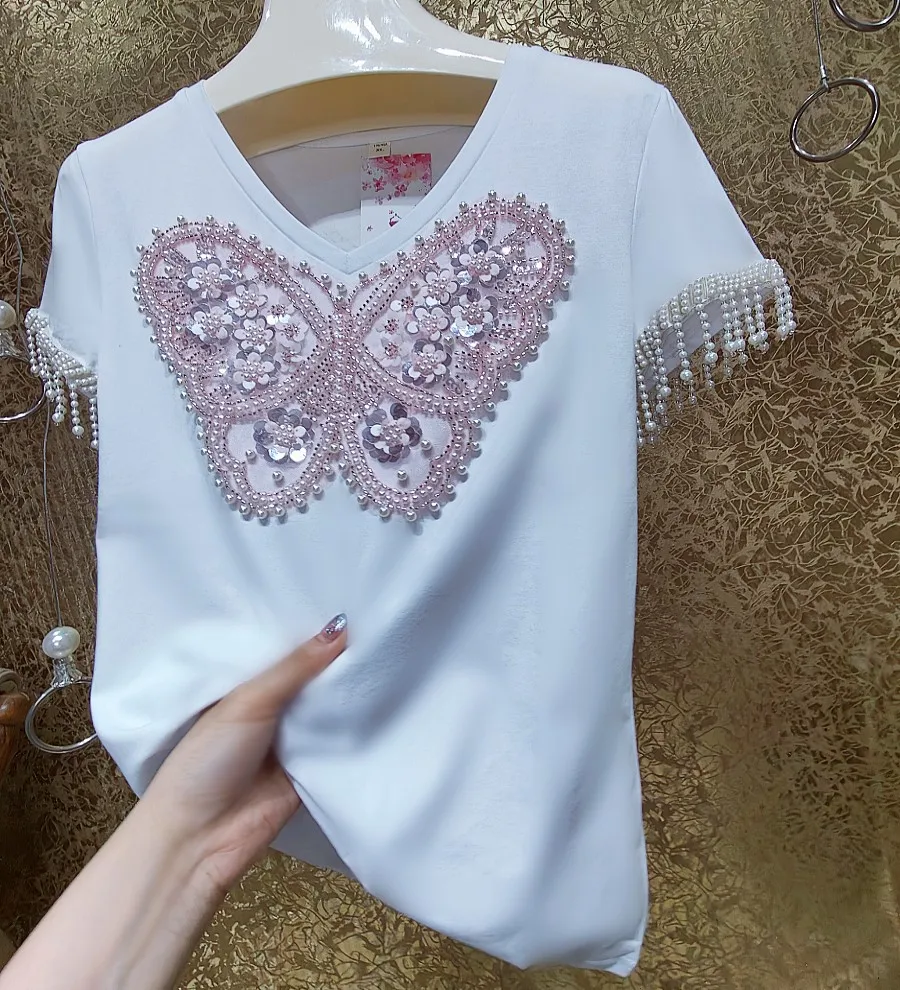 Handmade Beaded Pearl Tassel Short Sleeve White T-shirt Women 2024 Summer New Chinese Sequined Butterfly Embroidery Cotton Top