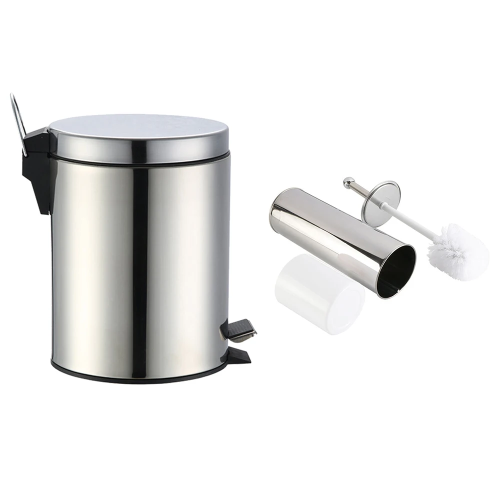

1Set Trash Bin Stainless Steel 5L Large Capacity Foot Pedal Waste Can Toilet Brush Set for Kitchen Bathroom Living Room