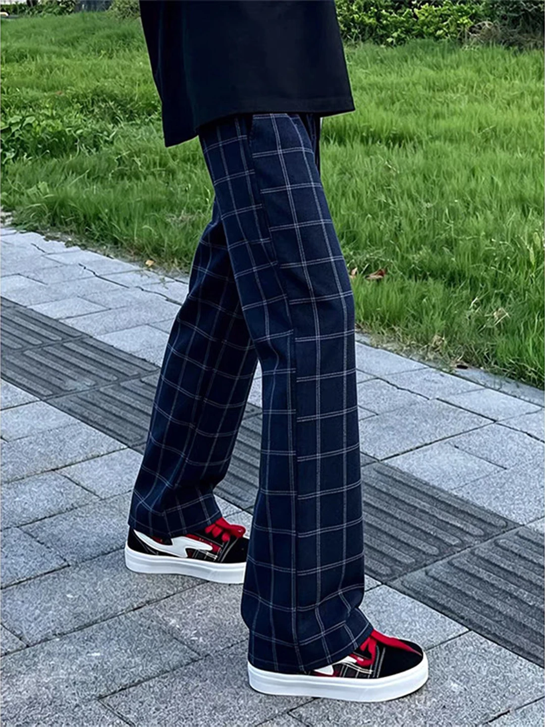 

Retro Blue Plaid Men's And Women's CleanFit Drapey Slimming Straight Casual Pants Summer Thin Ice Silk Pants