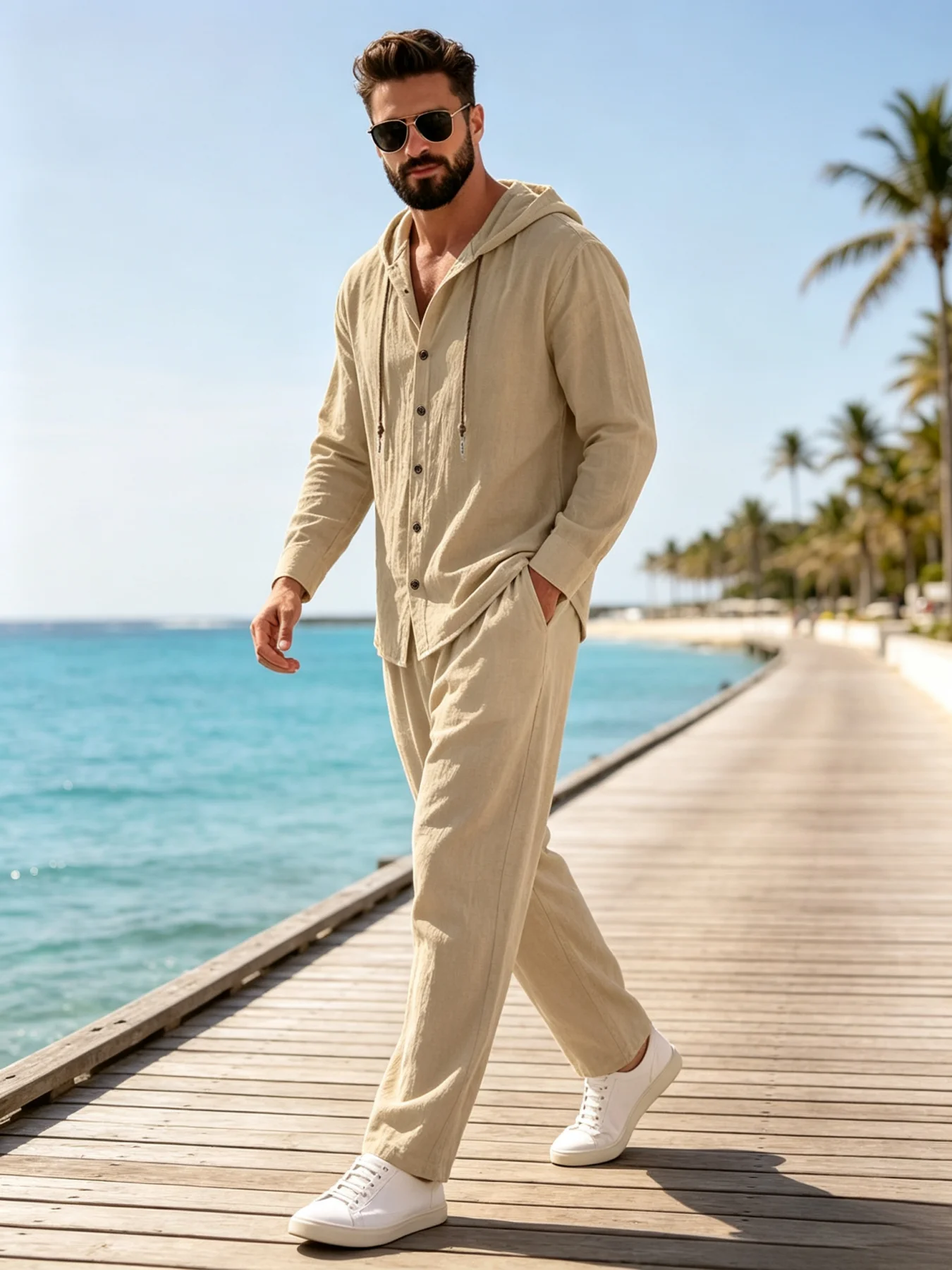 Mens 2 Piece Cotton Linen Outfit Hooded Long Sleeve Shirt Wide Leg Drawstring Pants Casual Beach Set view 2
