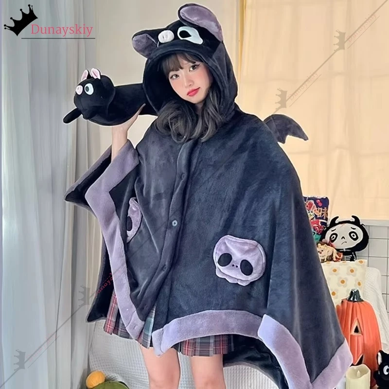 Kawaii Cartoon Bat Y2k Blanket Plush Pajamas Anime Cloak Costume Halloween Adults Winter Ponchos Women Hooded Cape Customized