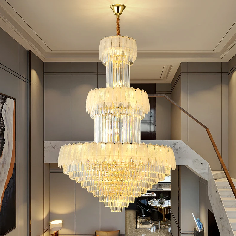 

European Spiral Staircase Long Chandelier Luxury Atmospheric Duplex Villa Hall Lamp Building Hotel Project Hollow Chandelier