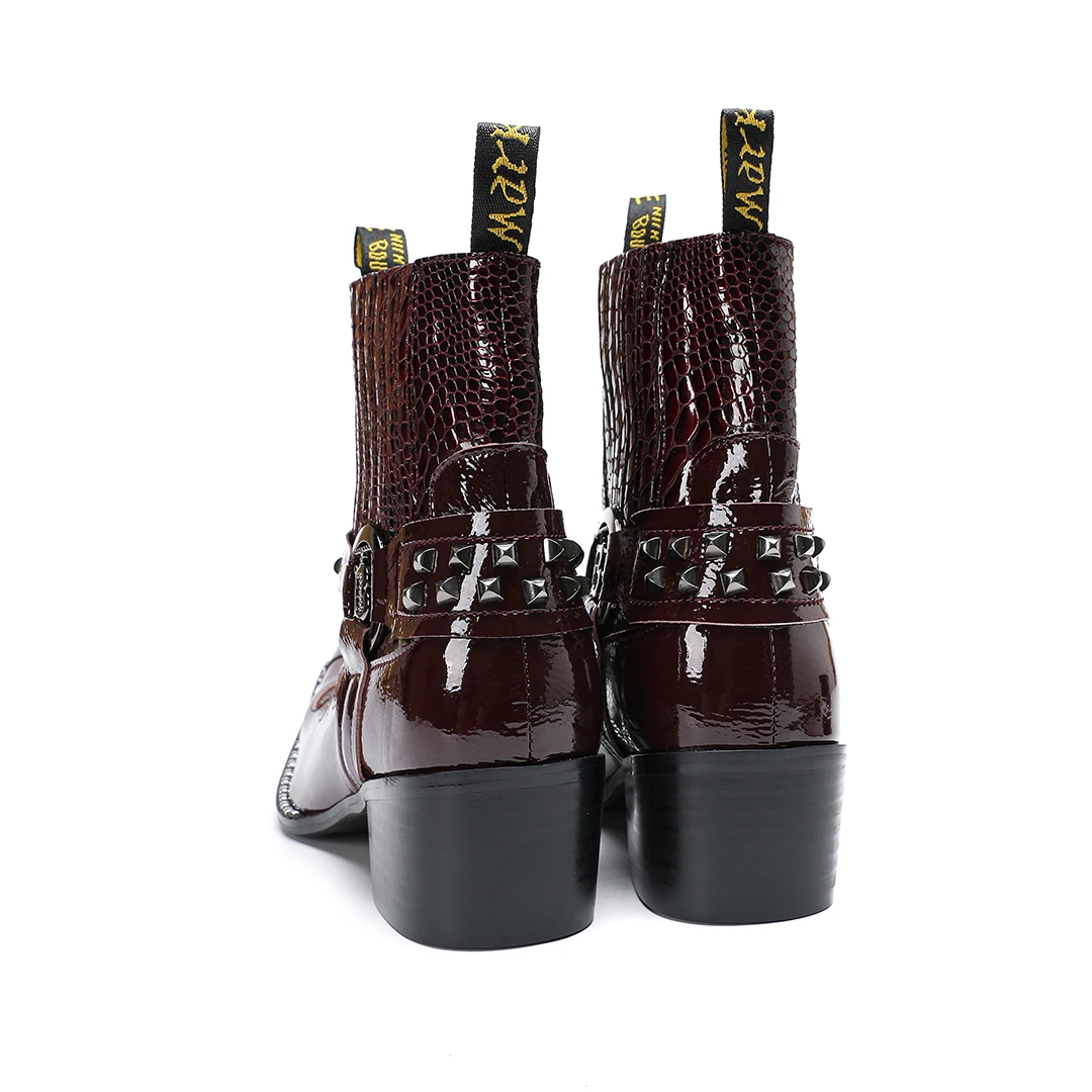 Schwarze Herren-Stiefeletten aus Schlangenleder mit Nietenbesatz, Blockabsatz, auffälliges Design, modische Schuhe für Bars, Bühnen, Streetwear und besondere Anlässe. – Detail 15