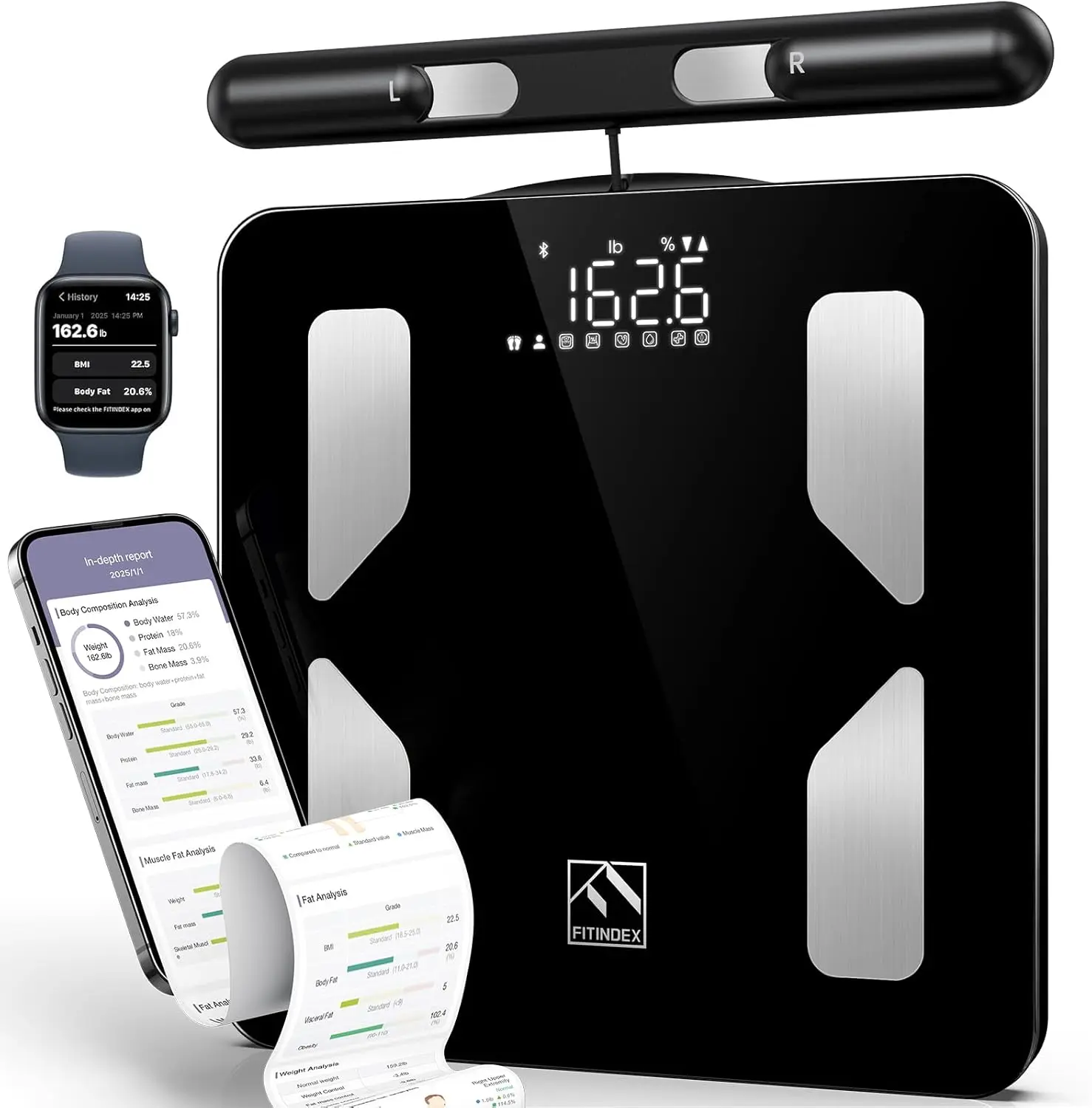 

Smart 8-Electrode Body Composition Scale with Bluetooth, Measures BMI, Fat, Muscle for 50 Metrics