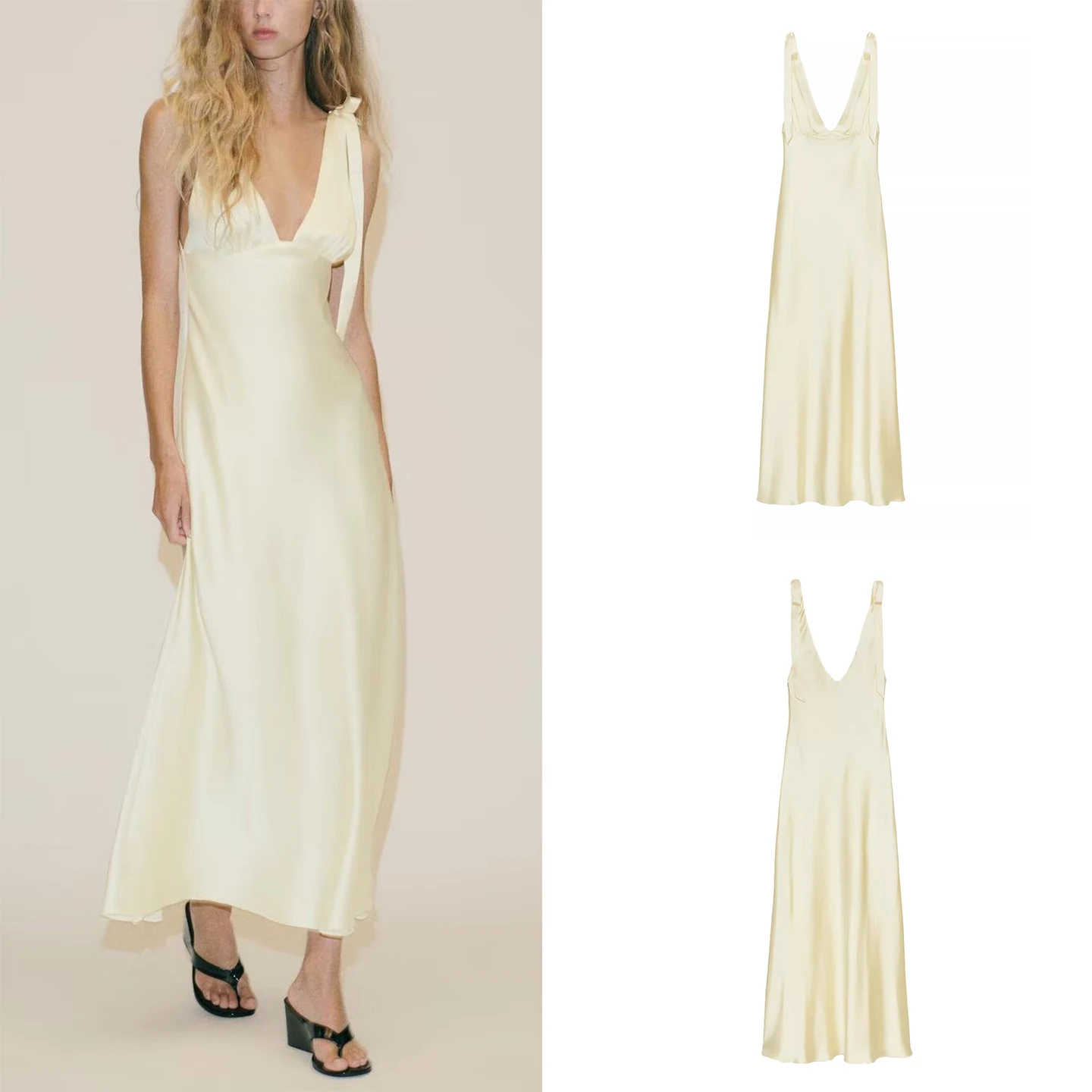 Z Faion  Knot Silk Satin Texture Midi Dr Women's Summer Casual Breathable Soft Polyester Gown