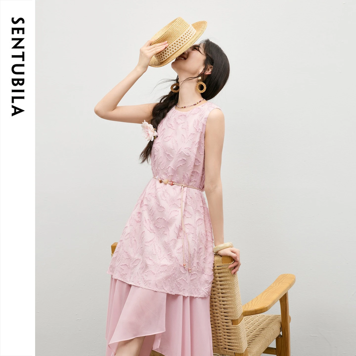 SENTUBILA Fake Two Piece Dress Women 2026 Pink Detachable Beaded Belt Asymmetrical Hem Summer Chiffon Sleeveless Dress 162LP5426