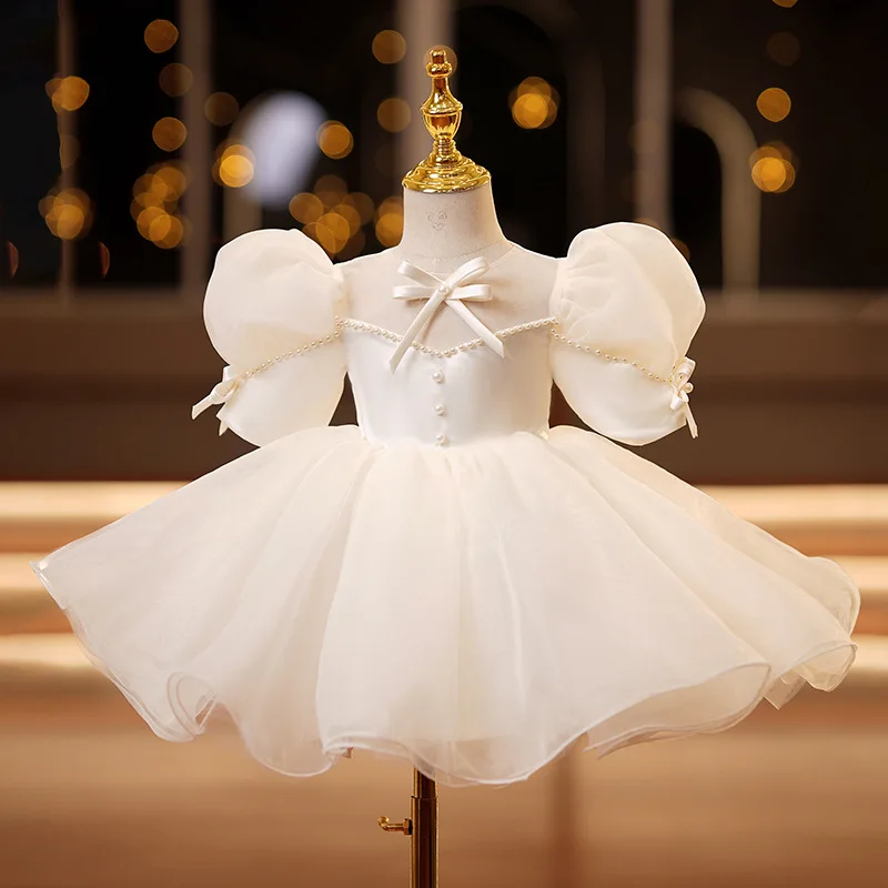 New Puff Sleeve Bow Baby Girl Tutu Dress for Party Wedding Princess 1st Birthday Baby Girl Prom Dress Pearl Toddler Girls Dress