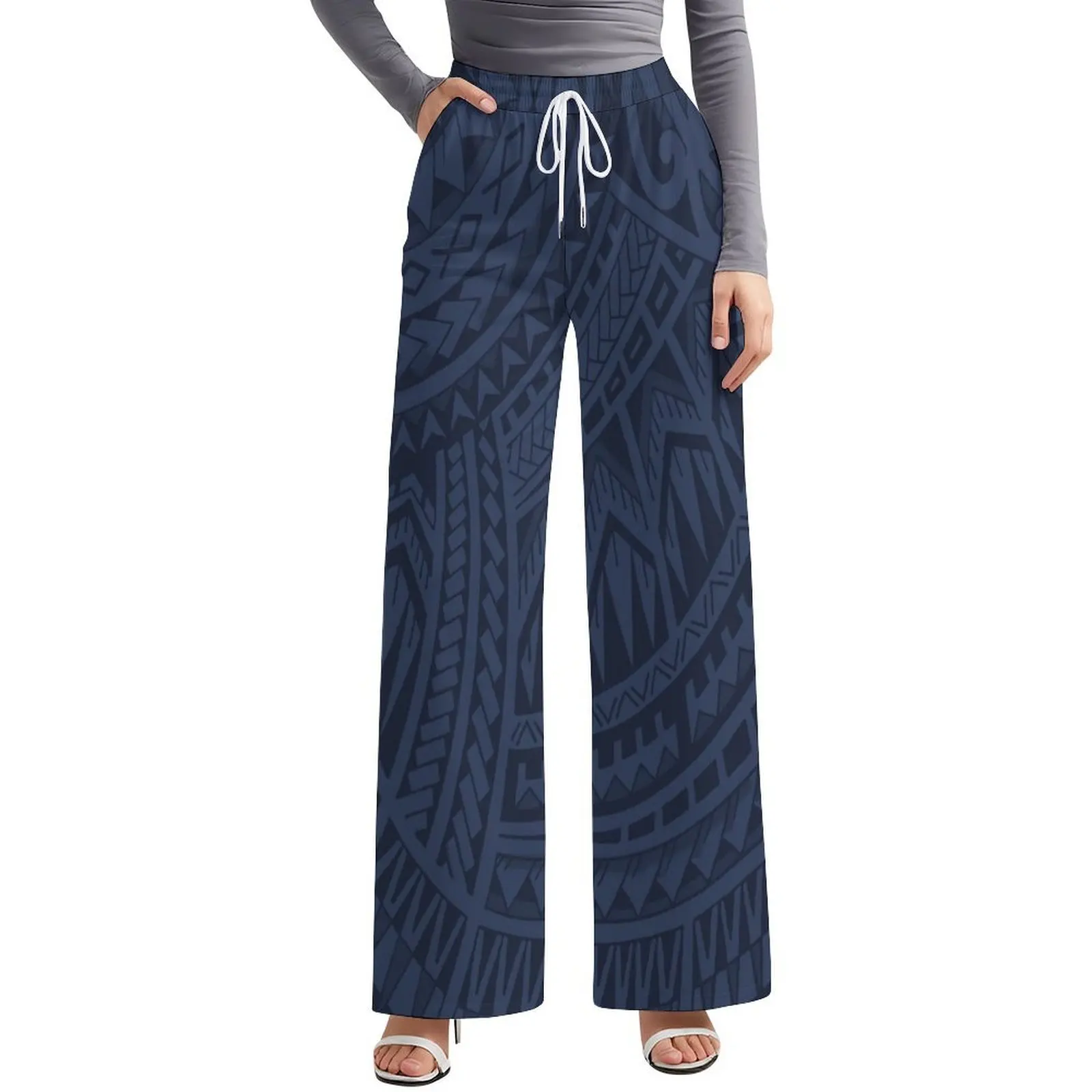 New Design Custom Ladies Elastic Waist Casual Loose Trousers  Print Polynesian Plus Size Women Long Wide Leg Pants