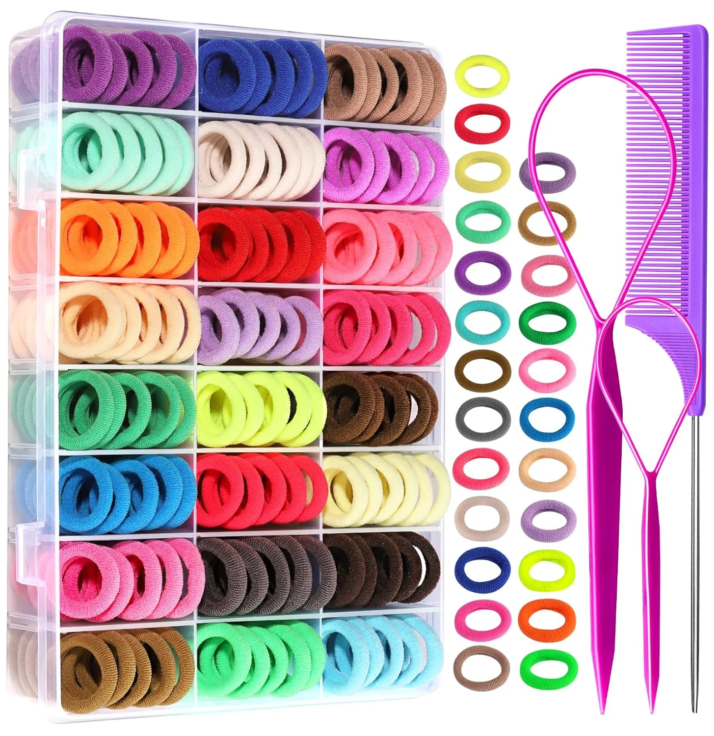 

288 PCS Cotton 24 Colors Hair Ties Set with Organizer Box - Seamless Soft Mini Elastics Ponytail Holders and Hair Accessories