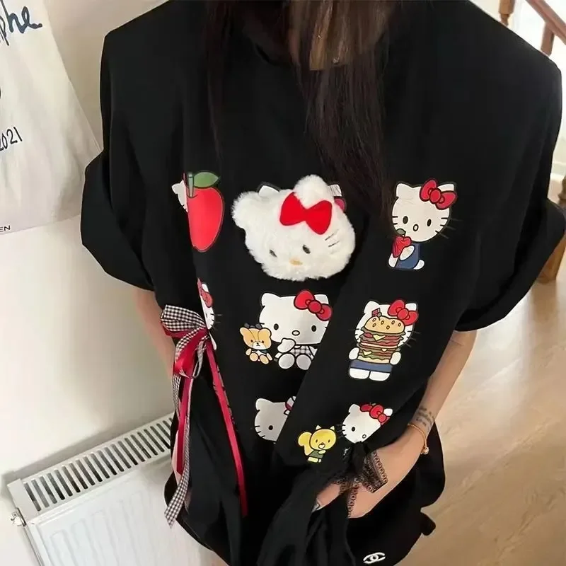 

Hello Kitty T-shirt New Fashion Leisure Versatile Loose Clothing Gifts Pure Cotton Cute Cartoon Printing Design Tops