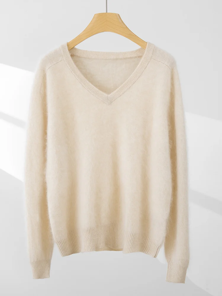 Women 100% Cashmere Sweater Fleece V-Neck Pullovers Sweater Fleece Knit Winter New High-End Clothes Long Sleeve Warm Solid Tops