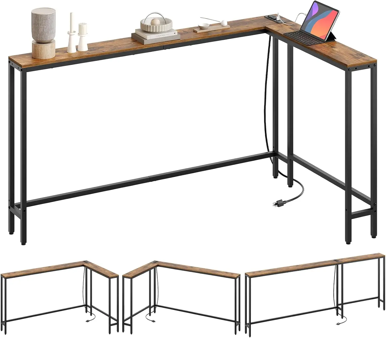 

78.7" Narrow Console Table with Outlets, L Shaped Sofa Table with Charging Station, Rustic Brown