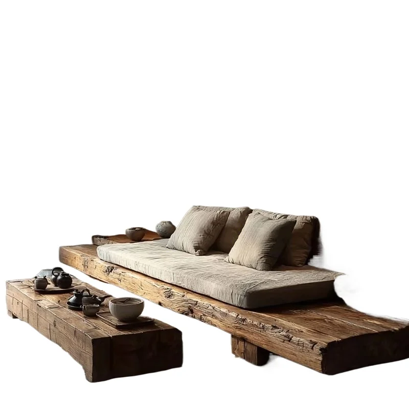 Wabi Sand wind solid wood sofa, B & B hotel log weathered wood three-person sand straight row hair