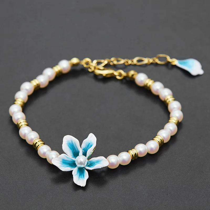 

French Fashionable Temperament Colored Glaze Gradient Blue Lily Freshwater Pearl Petal Pendant Bracelet Earrings Jewelry Gift