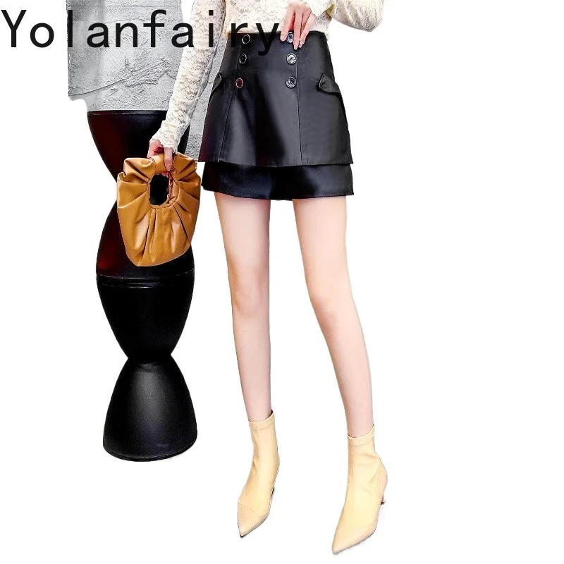 

YOLANFAIRY Black Genuine Sheepskin Leather Skort High Waist Women Clothing Casual Real Leather Shorts 2026 Fall shorts feminino