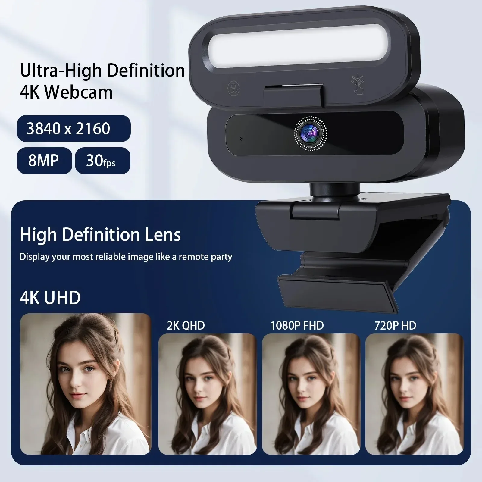 Full 4K HD Webcam LED Fill Light for Live webcast Meeting Gamer Camera Privacy Cover USB 3.0 Compatible Plug Work Auto Focus