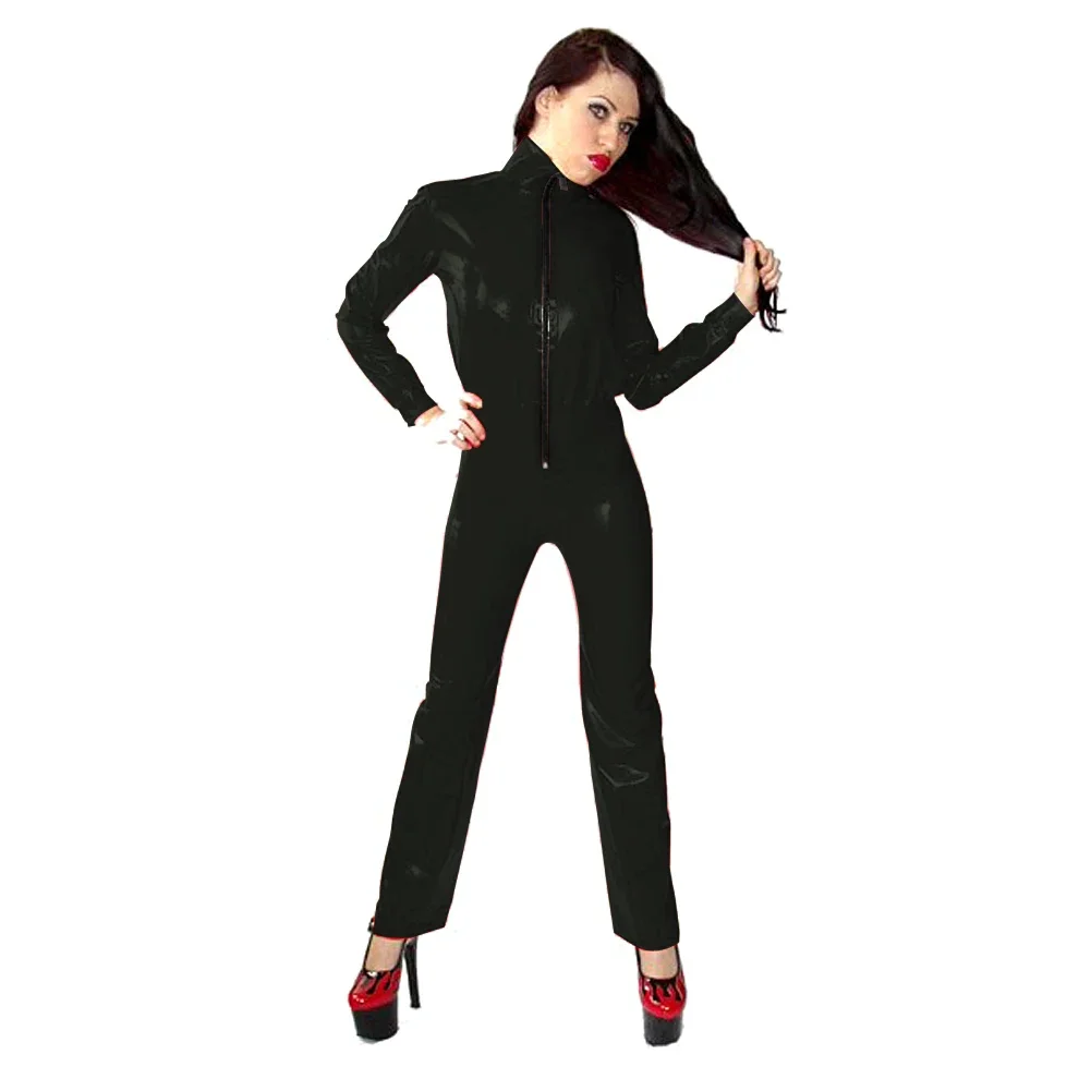 

New Latex 100% Gummi Rubber Catsuit zipper decoration Black handsome jumpsuit Size XS-XXL 0.4mm