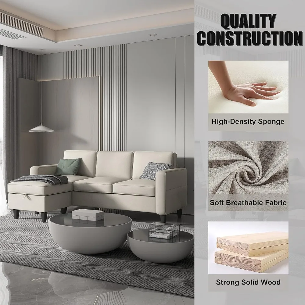 أريكة مقطعية حديثة من الكتان مكونة من 3 مقاعد على شكل حرف L مع مسند تخزين لغرفة المعيشة #5