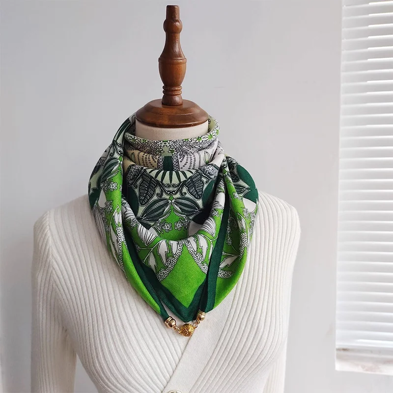Luxury Women Square Scarf Wraps Magnetic Buckle Scarves Plaid Flower Print 65cm*65cm Cross Triangle Silk Neckerchief Soft Warm