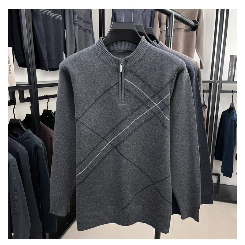 

Мужская новая утолщенная водолазка, трикотаж, осень-зима, новый однотонный свитер на молнии, теплый вязаный топ среднего возраста