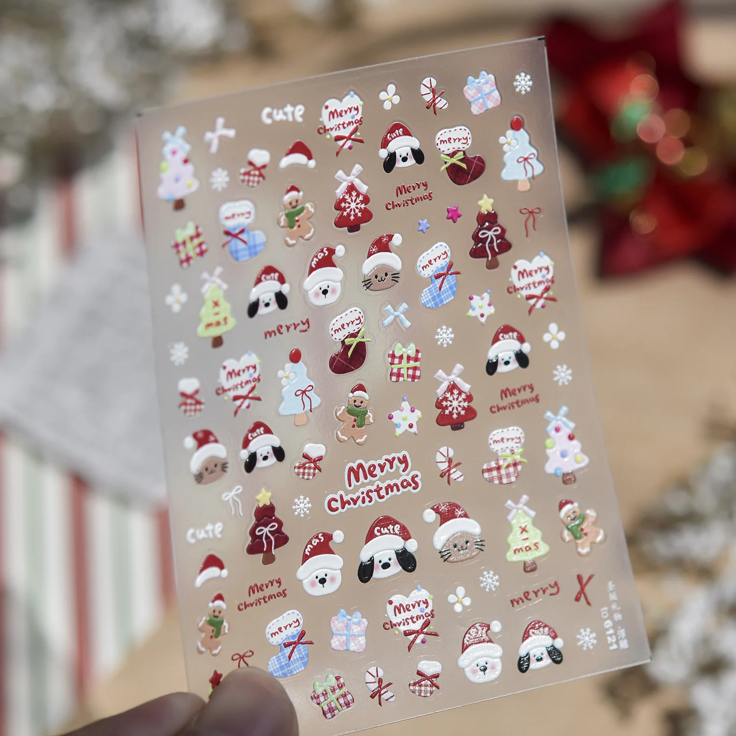 Cute Xmas 5D Nail Stickers Cartoon Animals Wearing Xmas Hat Puppy Bear Gingerbread Man Tree Gift Box Snowflake Decal Manicure